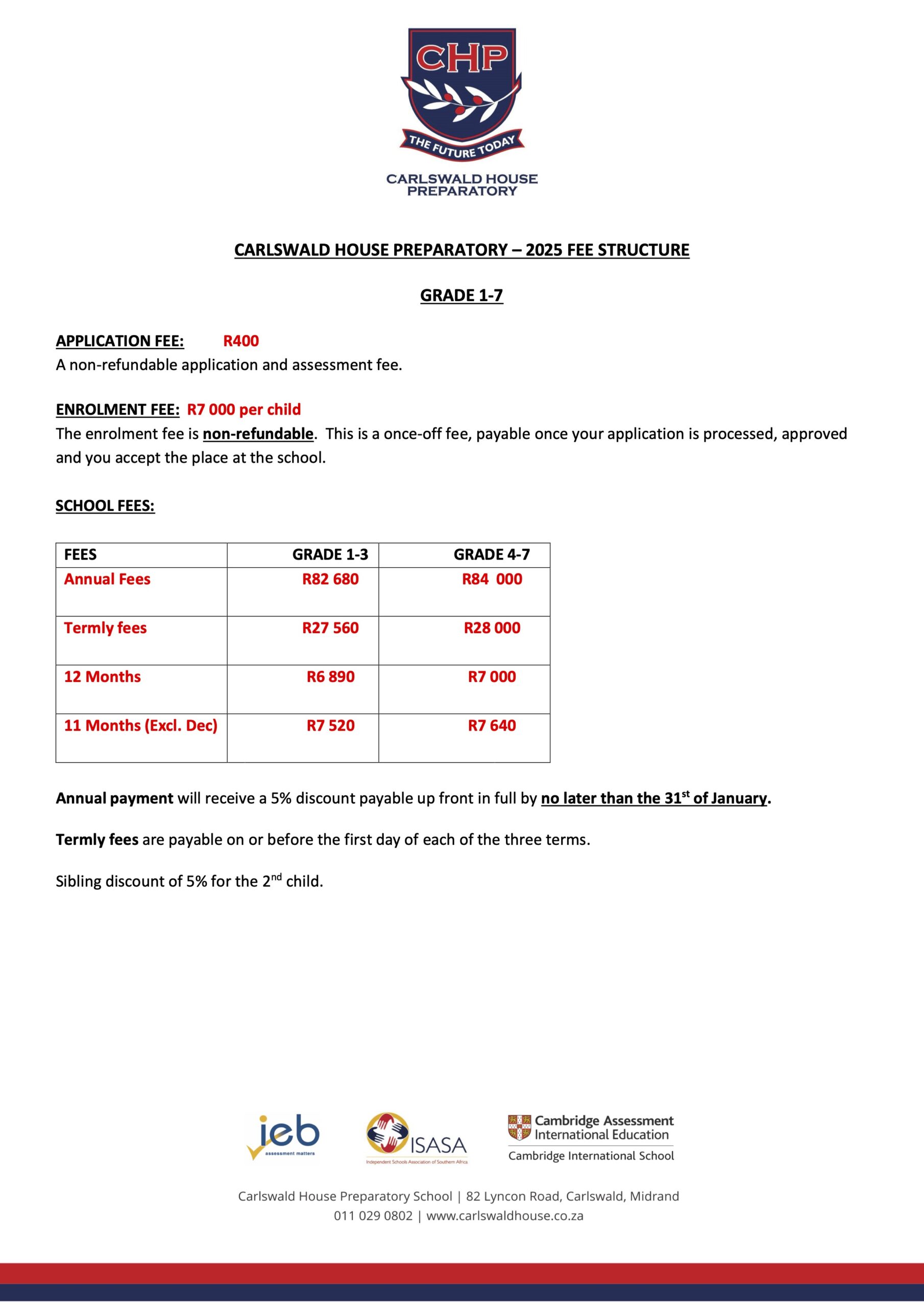 Carlswald House Preparatory School Midrand Fees-2025